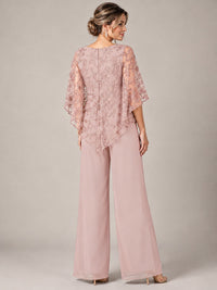 3/4 Sleeve Sequin Chiffon Jumpsuit with Cape