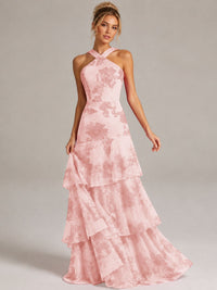 Tiered Ruffles Halter Floral Applique Prom Dress