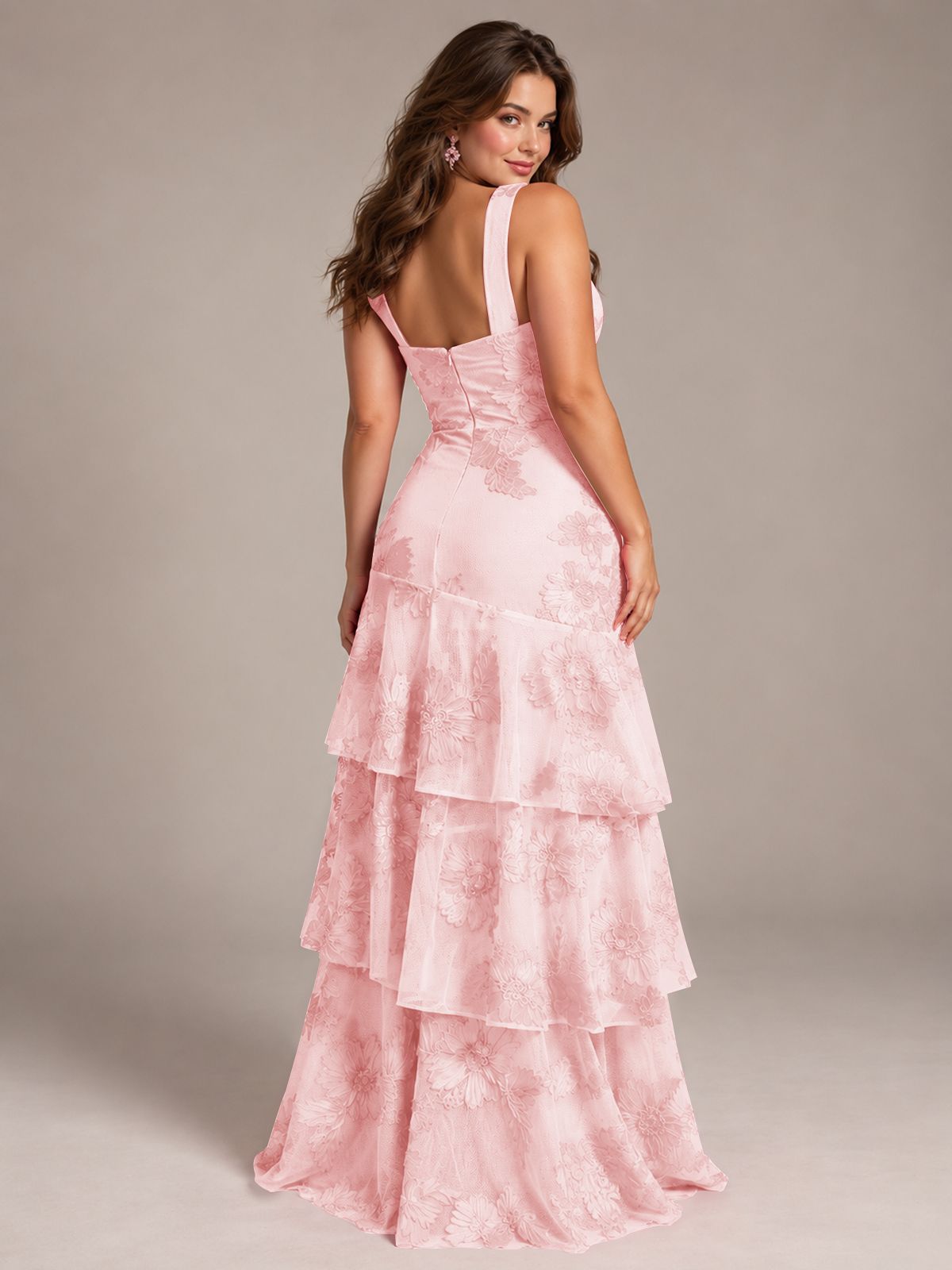 Tiered Ruffles Halter Floral Applique Prom Dress