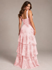 Tiered Ruffles Halter Floral Applique Prom Dress