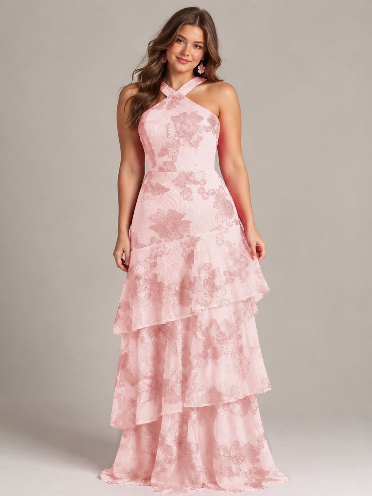 Tiered Ruffles Halter Floral Applique Prom Dress