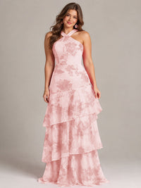 Tiered Ruffles Halter Floral Applique Prom Dress