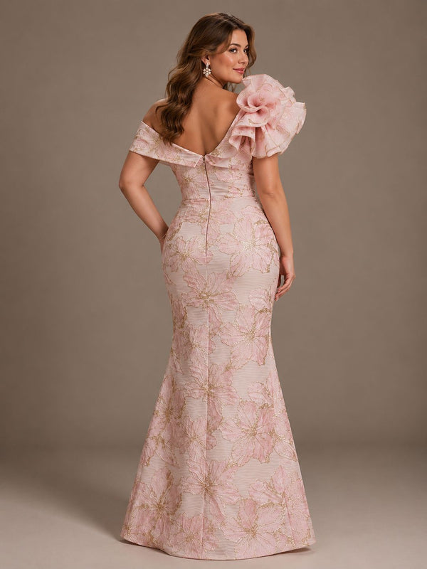 Blush Pink Floral Satin Mermaid Mother of The Bride Dress with Flower