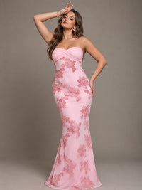 Blush Pink Strapless Floral Applique Maxi Dress