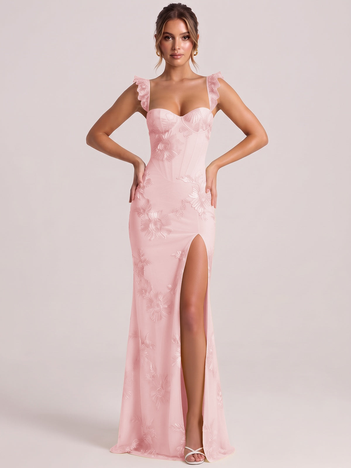 Sweetheart Floral Applique Corset Mermaid Prom Dress with High Slit