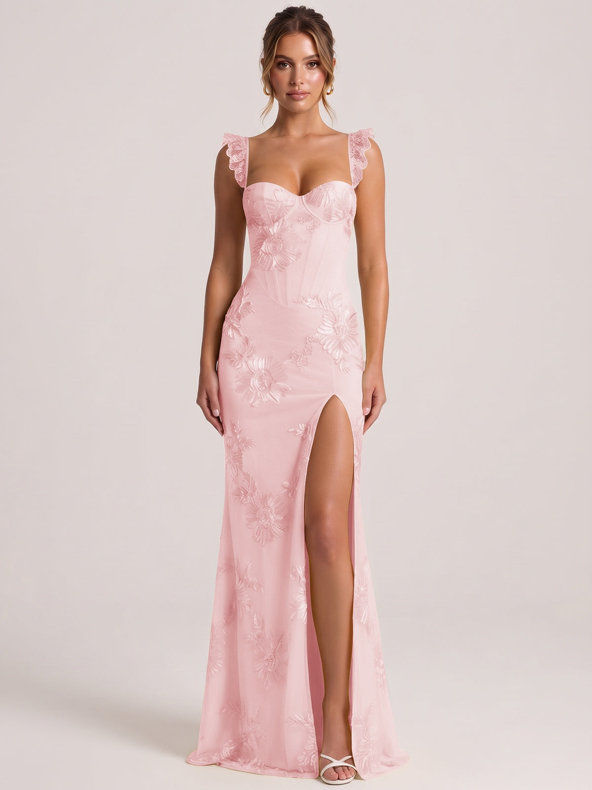 Blush Pink Sweetheart Floral Applique Corset Mermaid Prom Dress with High Slit Long Formal Evening Gown