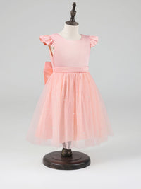 Pink Flower Girl Dress with Tulle Skirt Pearl Beading and Bow Back