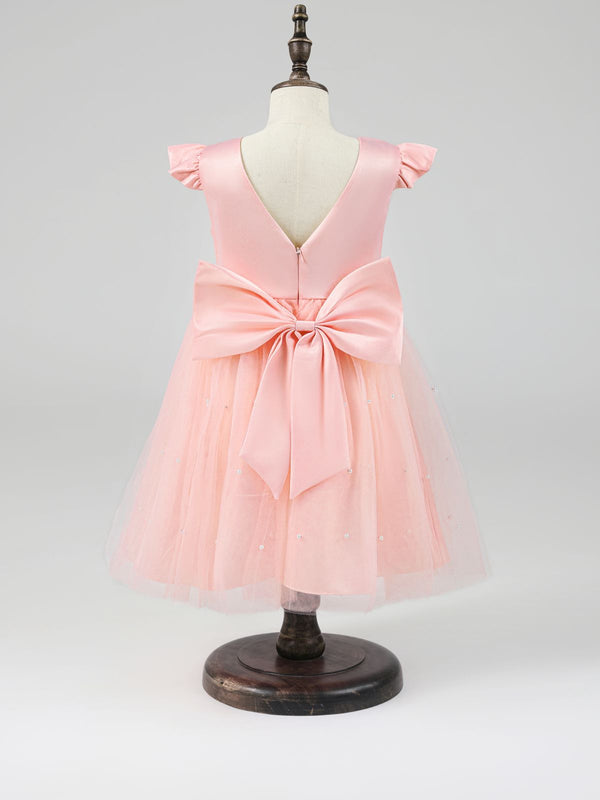 Pink Flower Girl Dress with Tulle Skirt Pearl Beading and Bow Back