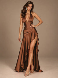 Burgundy Halter Deep V-Neck Ruched High Slit Ruffle Prom Dress