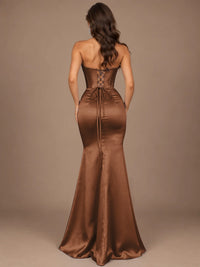 Dusty Blue Strapless Lace Corset Prom Dress with High Slit