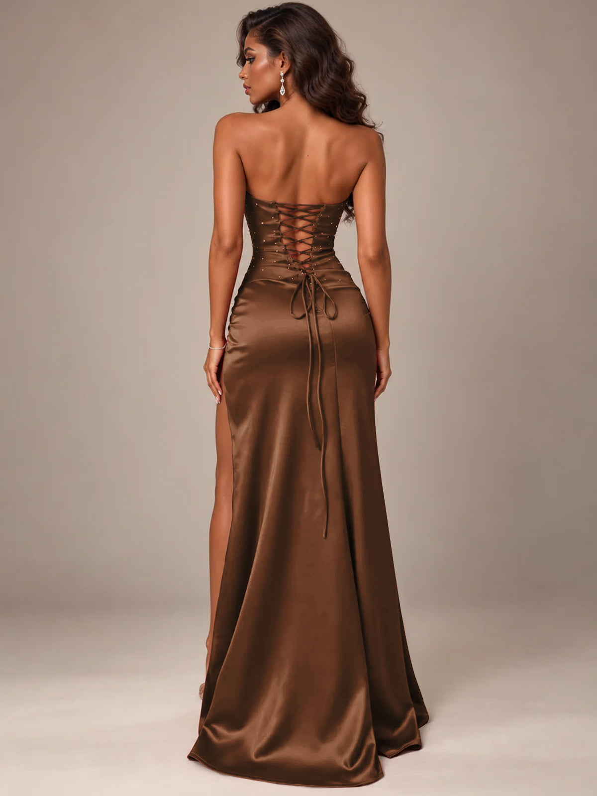 Burgundy Strapless Sparkly Corset Prom Dress with High Slit