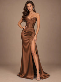 Dusty Blue Strapless Lace Corset Prom Dress with High Slit