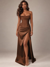 Burgundy Strapless Sparkly Corset Prom Dress with High Slit