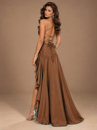 Burgundy Spaghetti Strap Ruched Prom Dress with Ruffled High Slit