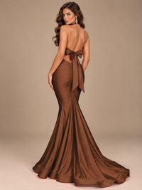 Pink Halter Deep V-Neck Ruched Mermaid Prom Dress