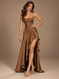 Burgundy Spaghetti Strap Ruched Prom Dress with Ruffled High Slit