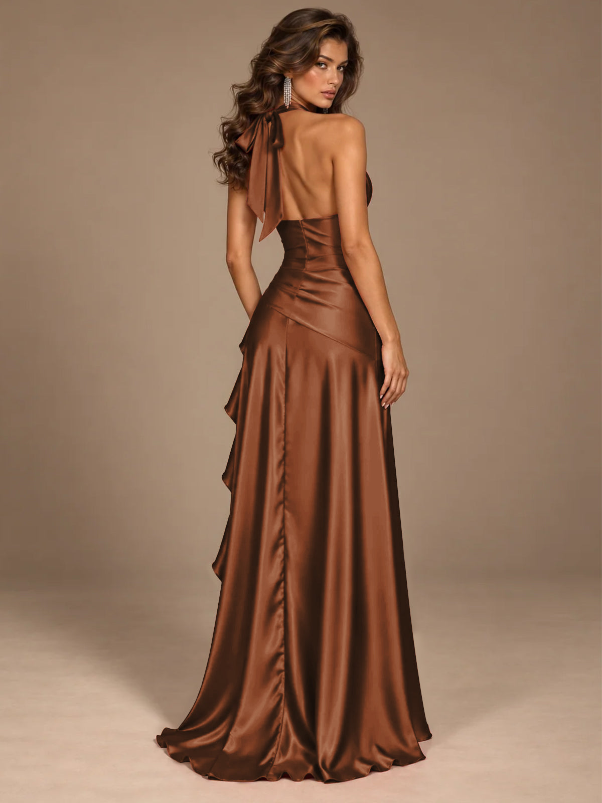 Burgundy Halter Deep V-Neck Ruched High Slit Ruffle Prom Dress