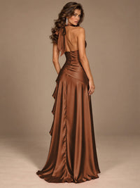 Burgundy Halter Deep V-Neck Ruched High Slit Ruffle Prom Dress