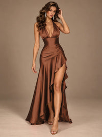 Burgundy Halter Deep V-Neck Ruched High Slit Ruffle Prom Dress