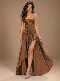 Burgundy Spaghetti Strap Ruched Prom Dress with Ruffled High Slit