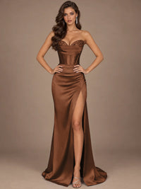 Dusty Blue Strapless Lace Corset Prom Dress with High Slit