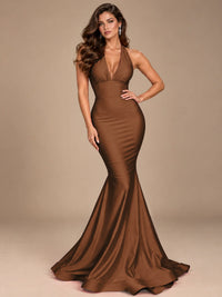 Pink Halter Deep V-Neck Ruched Mermaid Prom Dress