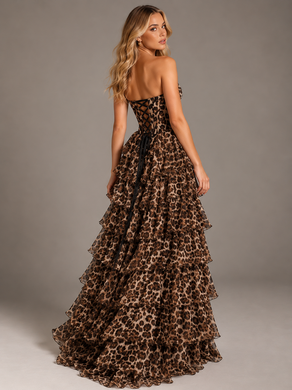 Leopard Print Strapless Prom Dress with Tiered Ruffle