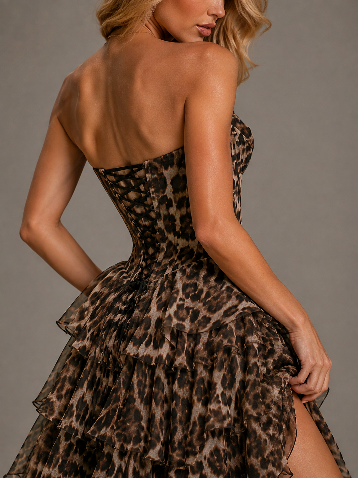 Leopard Print Strapless Prom Dress with Tiered Ruffle
