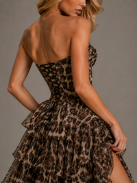 Leopard Print Strapless Prom Dress with Tiered Ruffle