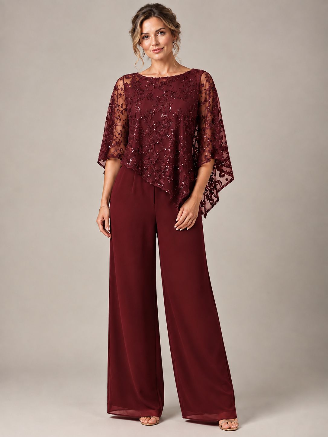 3/4 Sleeve Sequin Chiffon Jumpsuit with Cape