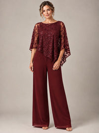 3/4 Sleeve Sequin Chiffon Jumpsuit with Cape