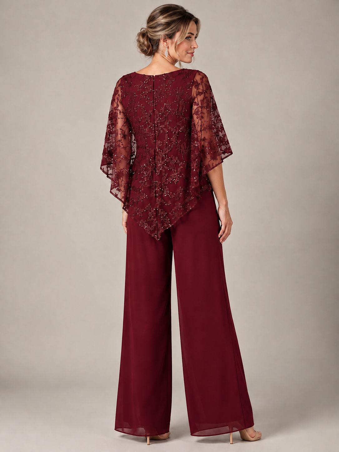 3/4 Sleeve Sequin Chiffon Jumpsuit with Cape