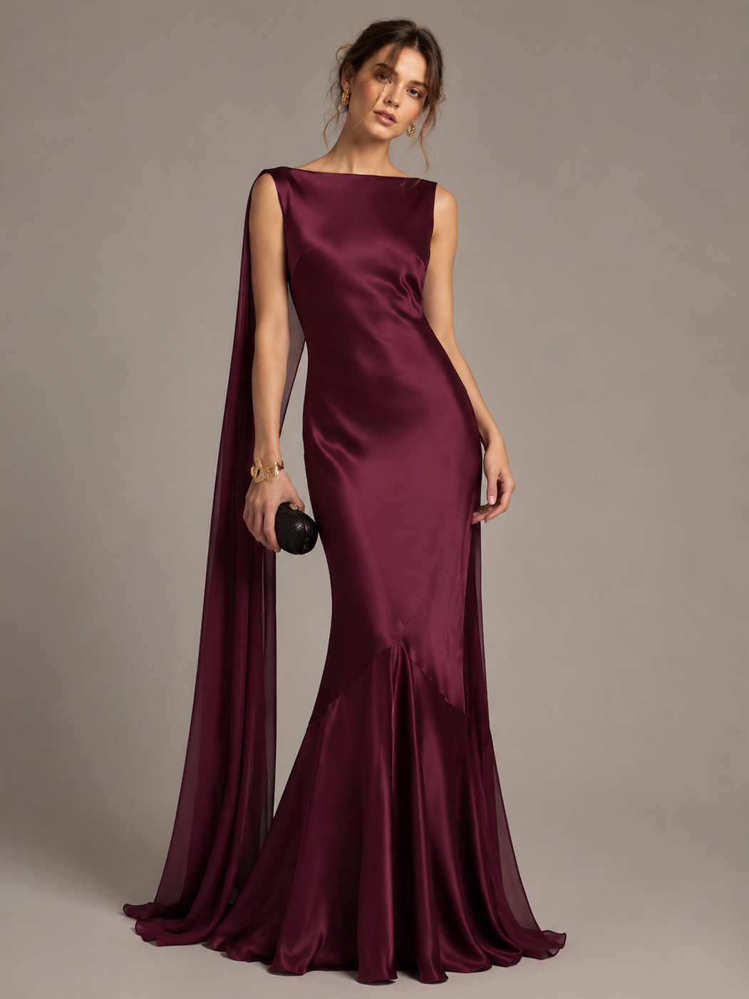 Burgundy Satin Mermaid Cape Maxi Dress - Burgundy