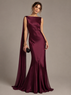 Burgundy Satin Mermaid Cape Maxi Dress