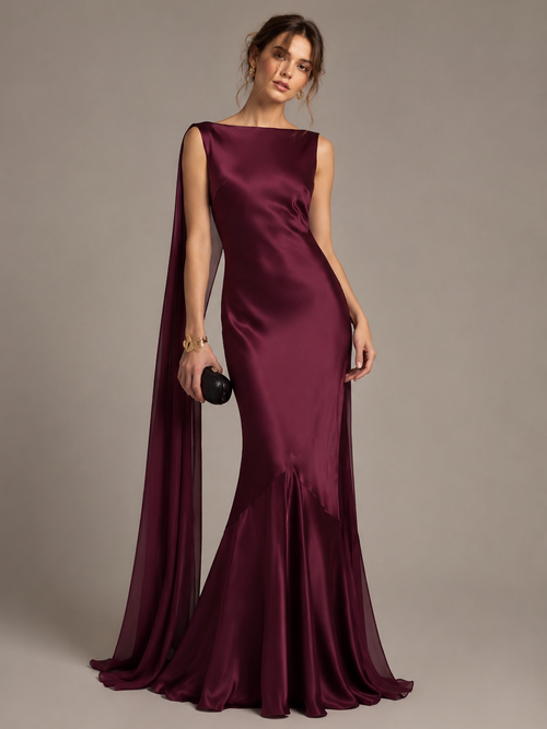 Burgundy Satin Mermaid Cape Maxi Dress - Burgundy