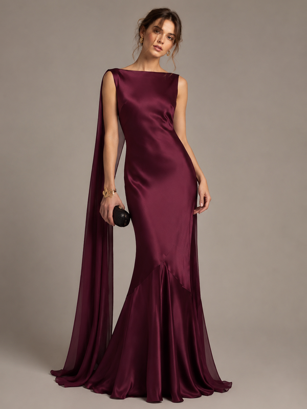 Burgundy Satin Mermaid Cape Maxi Dress - Burgundy