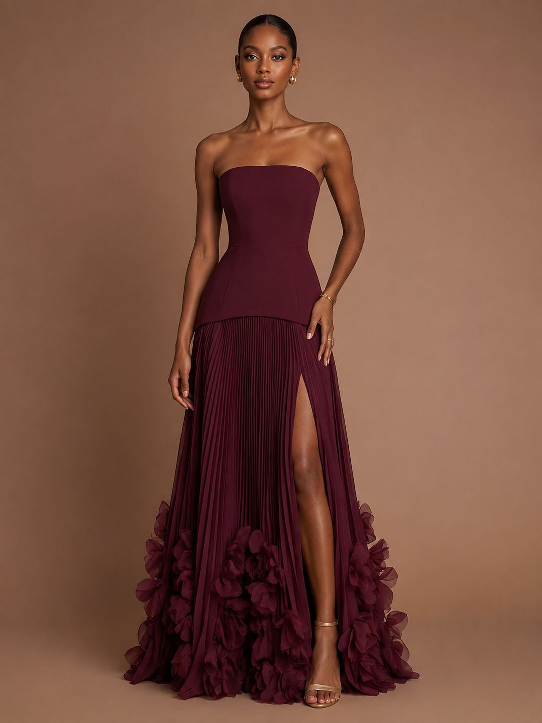 Burgundy Strapless Pleated Floral Satin Formal Dress with Side Slit