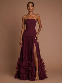 Burgundy Strapless Pleated Floral Satin Formal Dress with Side Slit