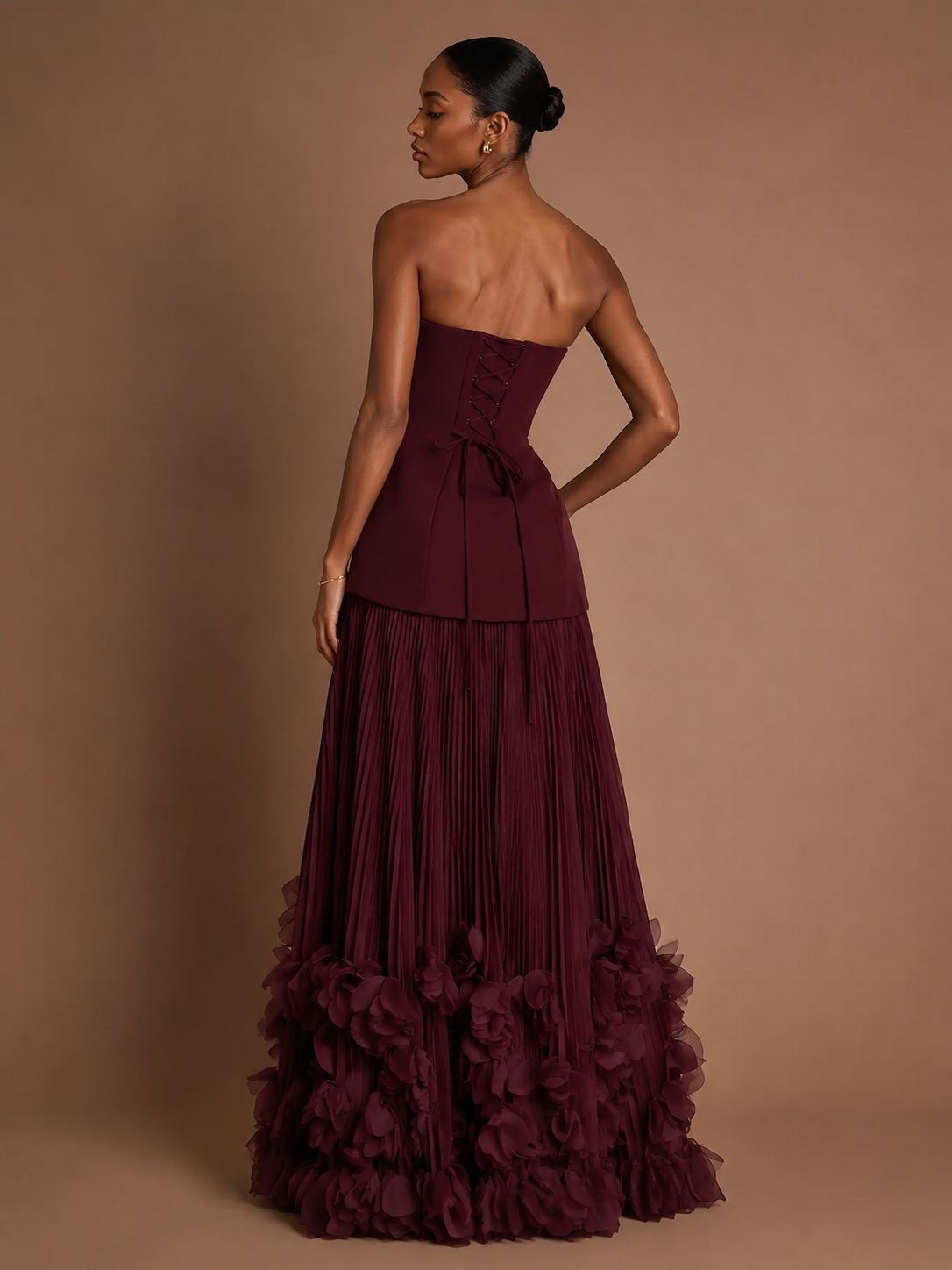 Burgundy Strapless Pleated Floral Satin Formal Dress with Side Slit