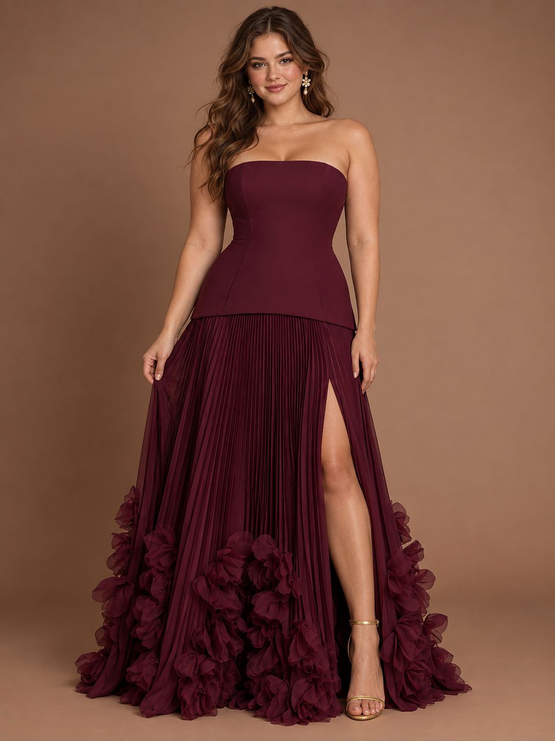 Burgundy Strapless Pleated Floral Satin Formal Dress with Side Slit