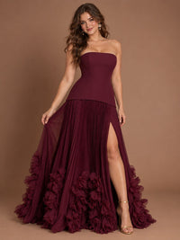 Burgundy Strapless Pleated Floral Satin Formal Dress with Side Slit