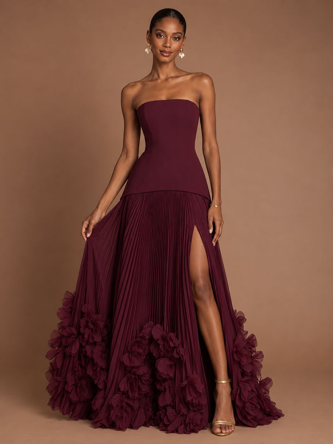 Burgundy Strapless Pleated Floral Satin Formal Dress with Side Slit