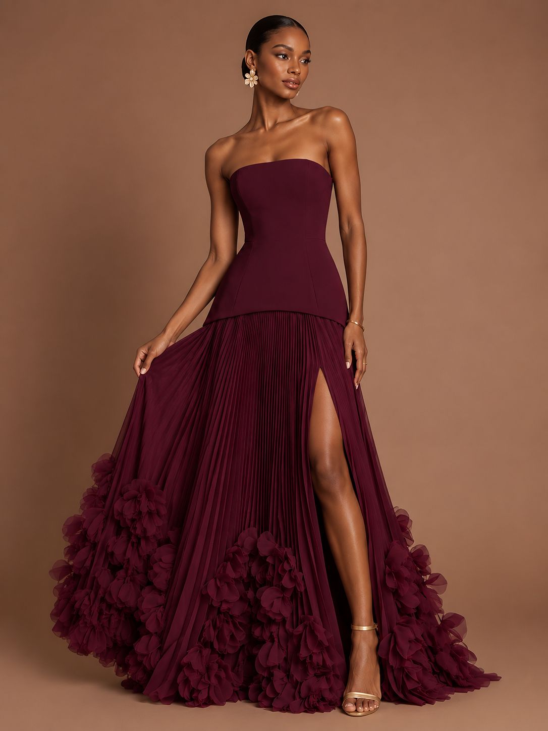 Burgundy Strapless Pleated Floral Satin Formal Dress with Side Slit