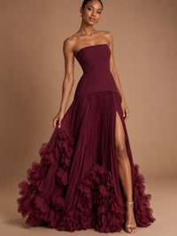 Burgundy Strapless Pleated Floral Satin Formal Dress with Side Slit