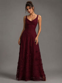 Burgundy A-Line Applique Tulle Chiffon V Neck Formal Dress