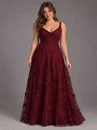 Burgundy A-Line Applique Tulle Chiffon V Neck Formal Dress