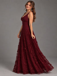 Burgundy A-Line Applique Tulle Chiffon V Neck Formal Dress