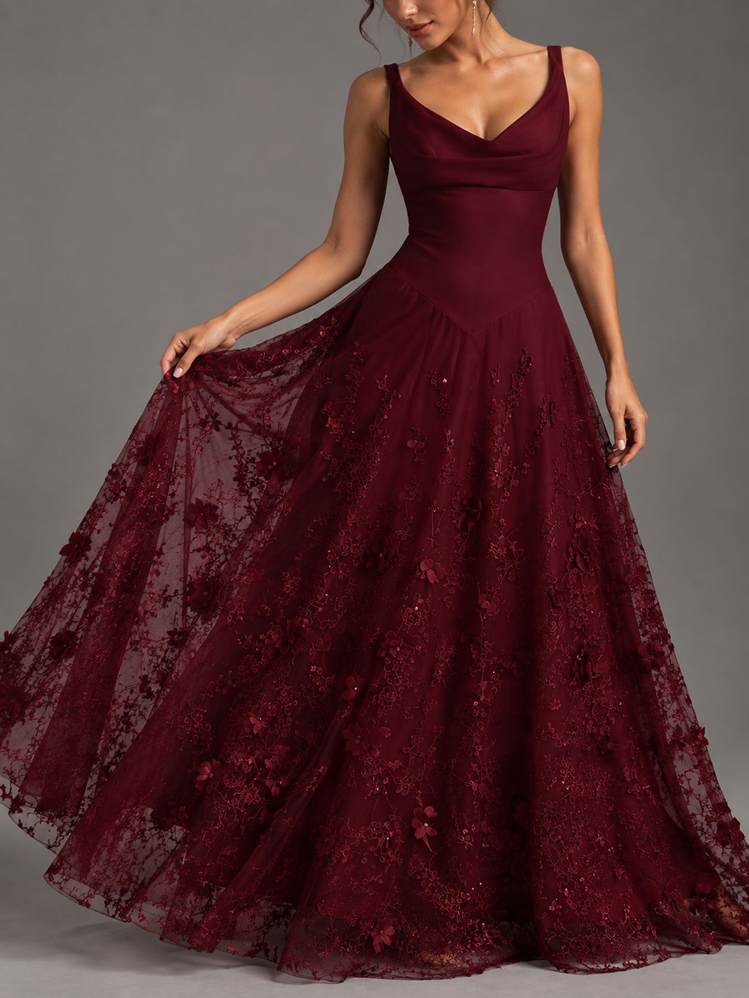 Burgundy A-Line Applique Tulle Chiffon V Neck Formal Dress