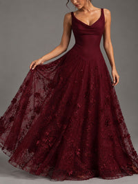 Burgundy A-Line Applique Tulle Chiffon V Neck Formal Dress