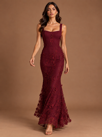 Floral Applique Mermaid Formal Dress with Lace-Up Back